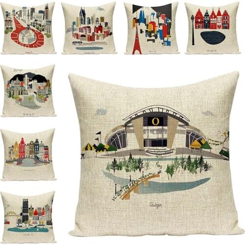 World-Famous building Printed Cushion Covers Cotton Linen Decorative City Pillowcases Art Seat sofa Chair Cushions Home Decor