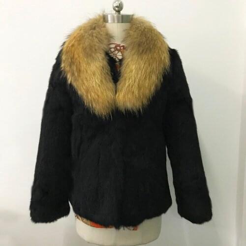 Real Rabbit Fur Coat with V neck and Big Fluffy Natural Raccoon Fur Jacket Short Waistcoat Warm For Lady Winter Autumn tsr446