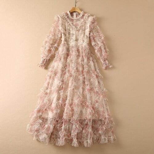 European and American womens wear new autumn 2022 Long sleeve lantern sleeve flower embroidery nail bead Fashionable pink dress