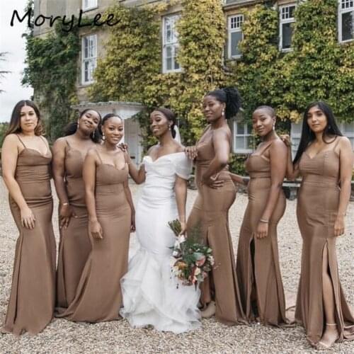 Sexy Bridesmaid Dresses Sweetheart Spaghetti Floor Length Sweep Train Silk Satin Wedding Party Bridemaid Dresses Zipper Back