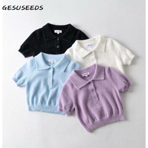 2021 Summer sweater women elegant pullover korean short sleeve sweater kawaii cropped polo top white mohair sweater black blue