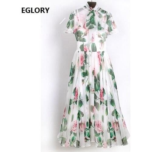 Top Quality Chiffon Long Dress 2020 Summer Style Women Bow Collar Elegant Floral Print Short Sleeve Casual Long Maxi Dress Boho