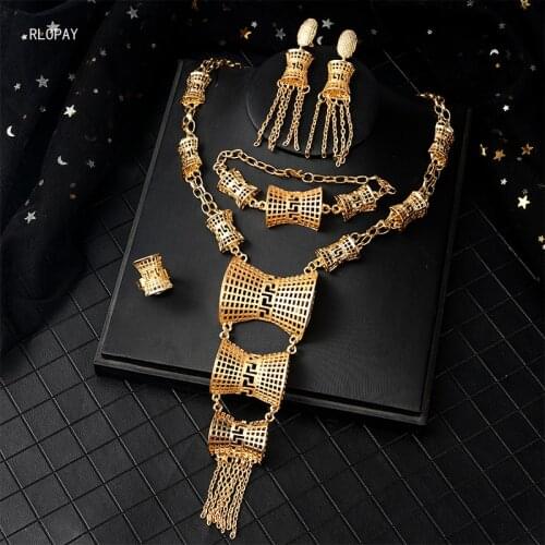 Gold Tassels Dubai Jewelry Sets Luxury Muslim Sets for Women Hollow Pattern Arab Gold Jewellery Necklace Sets
