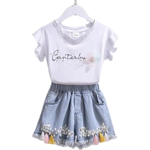 2021 New Summer Girls Clothing Sets Flower T-shirt&Denim Shorts 2Pcs Kid Girls Childrens Clothing Suits 4 5 8 10 12 14 Years