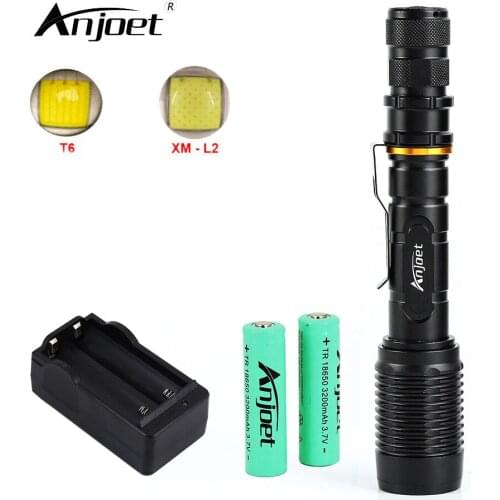 ANJOET Zoomable LED Flashlight XML T6 / L2 Torch Lighting 5 Mode 1000 LM Tactical Flashlight + Charger +18650 Battery