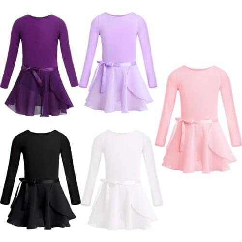 Girls Ballet Dance Gymnastics Leotard Chiffon Tied Skirt Outfit Set Kids Ballerina Cotton Long Sleeves Leotards Bodysuit 3-14