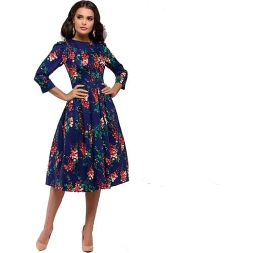 Brand Elegant Women A-line Dresses 2020 New Style Flower printing Draped Middle Dress Women Casual autumn Summer Vestidos