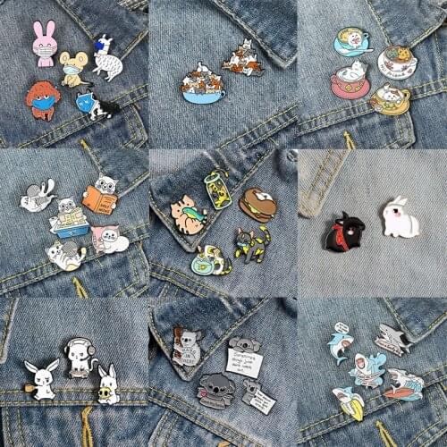 2-7 Pcs/Set Cartoon Animal Series Enamel Pins Cat Kitten Dog Sloth Brooches for Kids Friends Lapel Pin Collar Badge Jewelry Gift