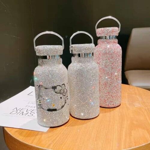 The new diamond-studded stainless steel water bottle double-layer vacuum large-caliber thermos cup outdoor sports water cup