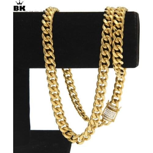 10mm Gold Filled Curb Cuban Chain Men Hip Hop Stainless Steel Iced Out Rhinestone Link Miami Chain 75cm Long Chain Drop Shipping
