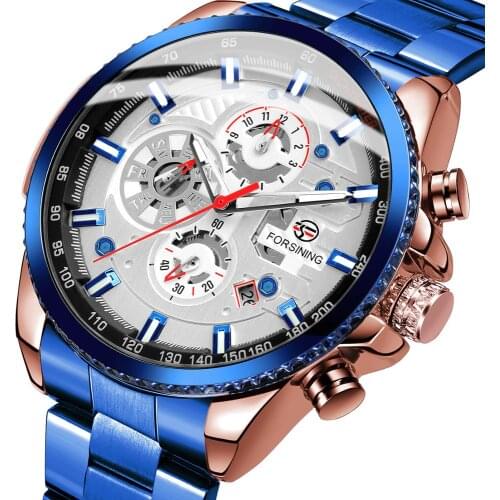 Forsining Waterproof Multifunctional Automatic Mechanical Mens Watches Fashion Blue Business Dress Wristwatch Man Relogio