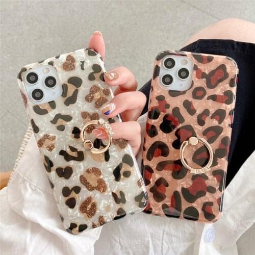 Finger Ring Holder Phone Case For iphone 12 Mini XS 11 Pro Max 7 8 Plus X XR SE 2020 Glossy Leopard Conch Silicone Back Cover