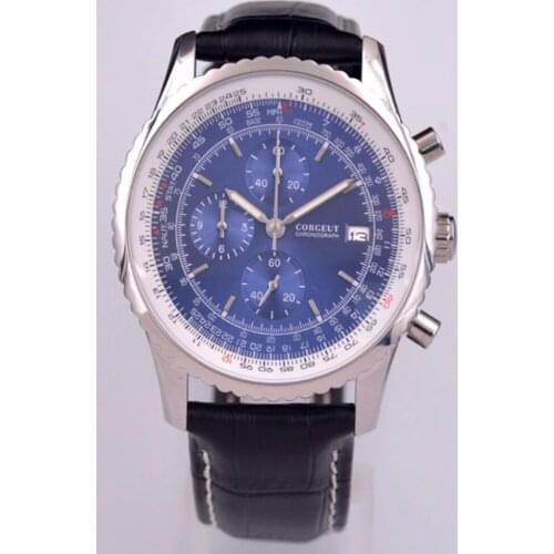 Corgeut 46mm Mens Watches Top Brand Luxury Watch Men Leather Chronograph Quartz Watch For Male clock Auto Date relogio masculino