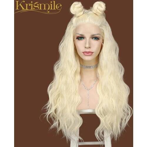 Krismile Long Synthetic Lace Front Wigs Blonde Water Wave Hair for Women Daily High Temperature Party Make Up Drag Queen Party