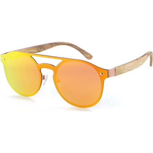 Dropshipping 2020 Retro Steel Rose Gold Frame Sun Glasses Round Orange Shield Zebra Wooden Temple Sunglasses with Bamboo Arms