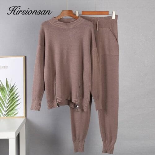 Hirsionsan Elegant Cashmere Knitted Sets Women 2021 Winter Warm Basicl Two Pieces Loose Sweater and Harem Pants Female Tracksuit