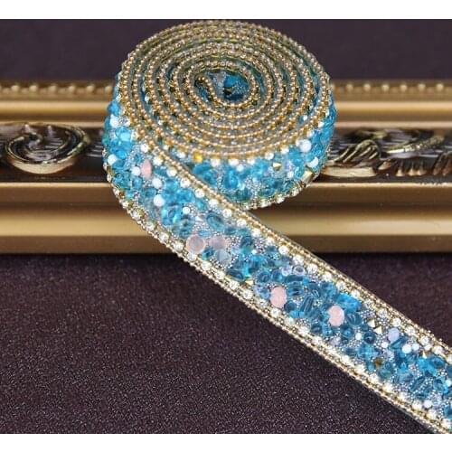 Blue Crystal Rhinestone Wedding dress accessories Pearl Beaded Lace Trim fabric applique patches Iron on or Sew on 2*100cm