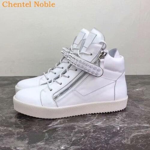 Brand Chentel Studded Male shoes Leather Men Casual Shoes Party Shoes Men Flats Lace-Up Zip Sneakers White Color Big Size