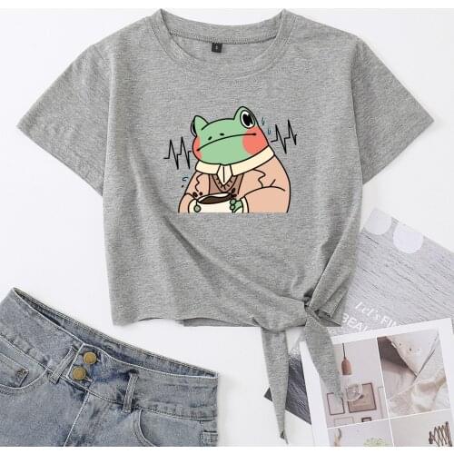 Cute Funny Frog Animal Shirt Womens Summer Casual Short-sleeve Printing Cotton T-shirt Cropped Tops Graphic Tee with Front Knot