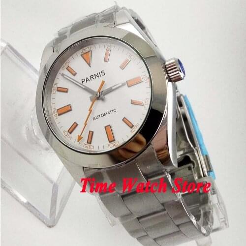 Parnis 40mm Automatic mens watch white dial flash hands sapphire glass genuine MIYOTA8215 polished case oyster bracelet