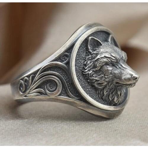 Retro black wolf totem wolf head ring mens punk fashion wolf totem stainless steel ring hip hop rock motorcycle rider jewelry