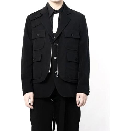 Mens casual suit zipper stitched double layer dark tie Multi Pocket loose large coat fashion top