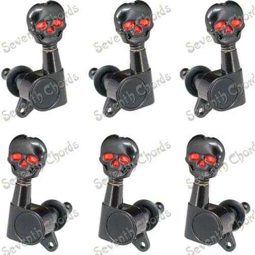 A Set Skull Head Sealed-gear Guitar Tuning Pegs Tuners Machine Heads for Folk Acoustic Electric Guitar. - Black 3R3L & 6R & 6L