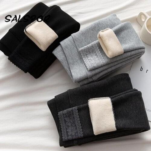 SALSPOR Knitted Winter Warm Leggings Plus Velvet Women High Waist Pencil Pants Cold-Resistant Legging Comfortable Elastic