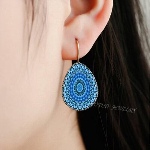 SUTEYI Fashion Mandala Earrings For Women Art Image Om Buddhist Jewelry Bronze Plated Water Drop Hook Earrings New Jewelry