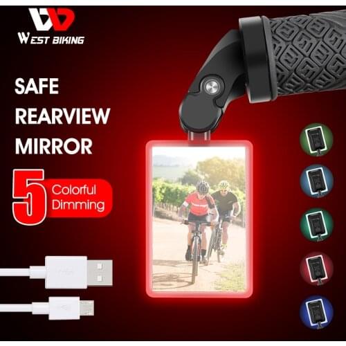 WEST BIKING Bicycle LED Rear View Mirror 360 Rotation Adjustable Rearview Mirror With Warning Light USB Rechargeable Mirror