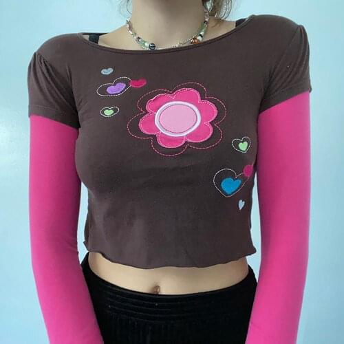Women Unique Rose Red Sleeves Short Navel Shirt Round Neck Fake Two Long Sleeve Tee Shirt Cotton Blend Patchwork Cute Crop Top