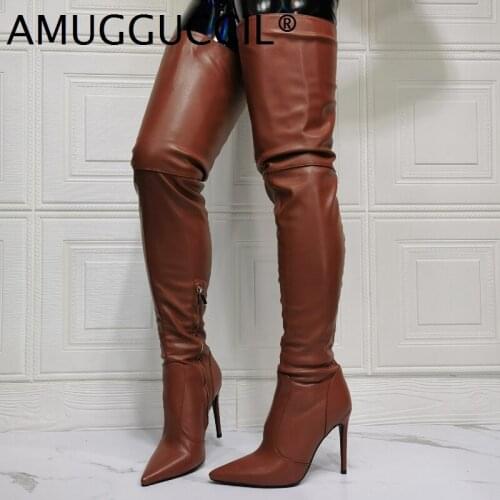 2021 New Plus Big Size 36-47 Brown Zip Fashion Sexy Thigh High Over The Knee Autumn Female Winter Female Lady Women Boot X2069