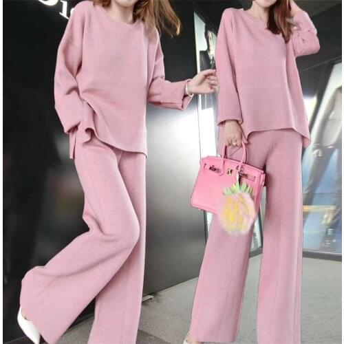 2020 O-neck Cotton Full Elastic Waist Winter Knitting Suit Female New Loose Knit Two-piece Wide Leg Pants Warm Woman