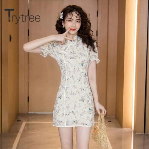 Trytree 2020 Summer Woman Casual Dress Stand Collar Prints A-line Dress Chinese style Elegant Vintage Split hem Mini Dress