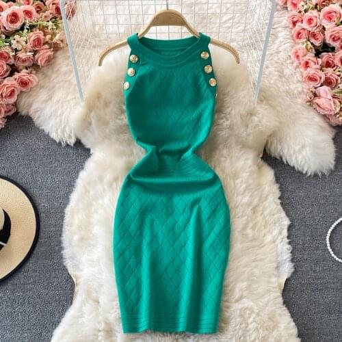 Fashion Summer Knitwear Halter Neck Sleeveless Sheath Bodycon Knitting Dress Women Slim Elastic Sexy Party Cocktail Vestidos
