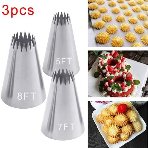 3PCS Large Size Stainless Steel Teeth Cream Piping Nozzles Cupcake Nozzles Baking Decoration Cake Decorating Tools