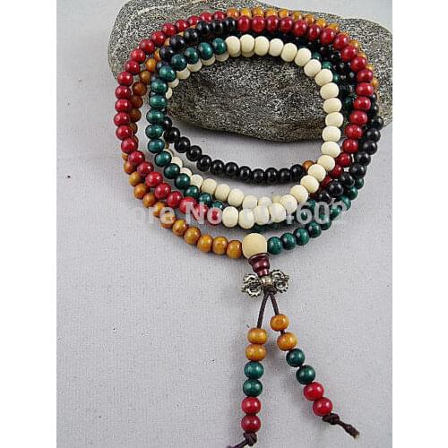 6mm Tibet Buddhism 216 Five Colours Wood Prayer Bead Vajra tassels Mala
