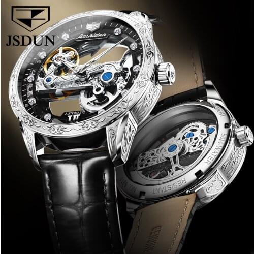 JSDUN See Through Skeleton Hollow Leather Mens Wrist Watches Sports Luxury Mechanical Male Clock New Relogio Masculino