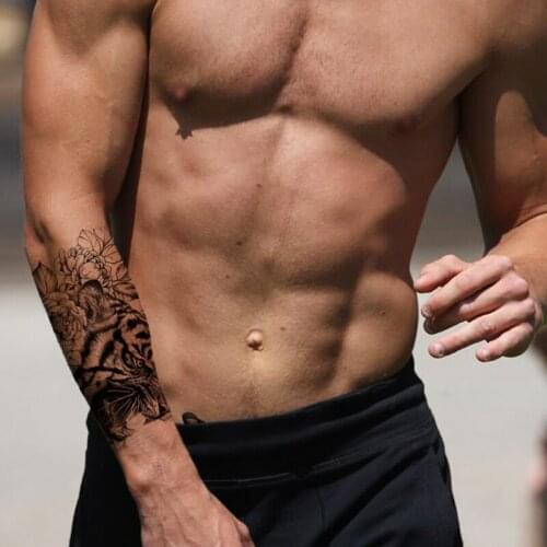 Black Tiger Head Temporary Tattoo Sticker Rose Flower Waterproof Tattoos Leaves Body Art Arm Leg Large Size Fake Tatoo Men Women