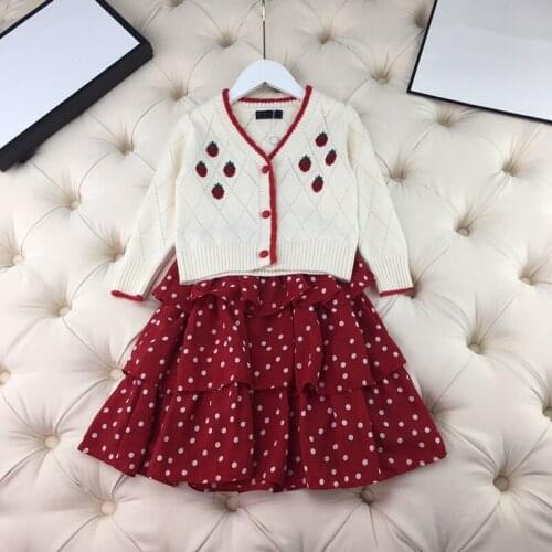 United Europe and the States childrens wear the new autumn 2021 Long sleeve strawberry embroidery sweater skirts fashion suits