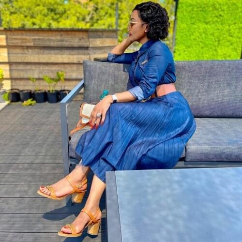 Denim Dashiki African Dresses For Women Sexy Fashion Long Sleeve Bodycon Midi Dress Vestido 2021 Hole Ripped Jeans Pleated Dress