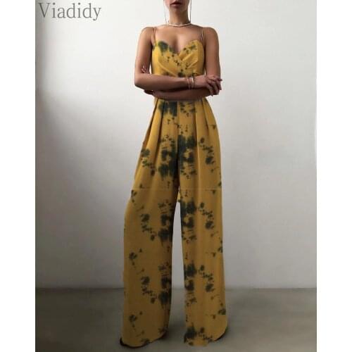 Elegant Print Wide Leg Jumpsuit Fashion Women Spaghetti Strap Romper Bodysuit Office Lady Summer Sexy Overalls Playsuit