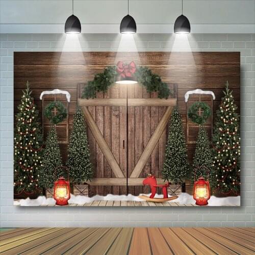 Wood Horse Photography Wooden Door Kids Backdrop Festival Banner Wreath Trees Child Adult Glitter Wreath Photostudio