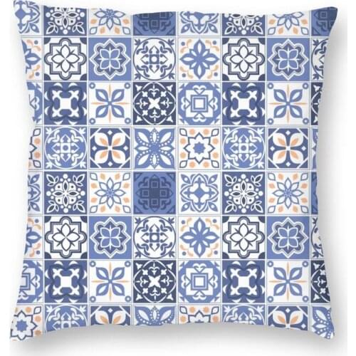 Blue Delft Portuguese Tile Cushion Cover 40x40 Home Decor Print Azulejo Pattern Throw Pillow Case for Living Room Double-sided