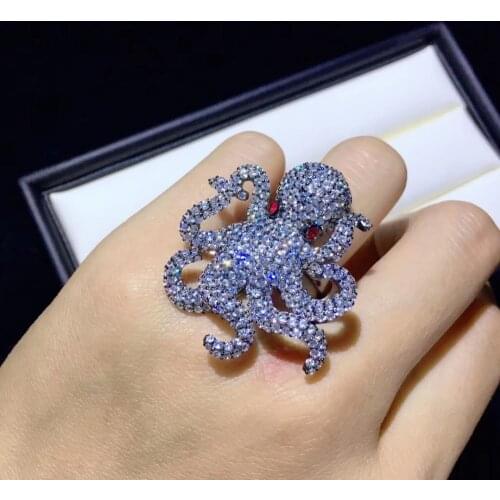 Octopus cuttlefish ring 925 sterling silver with cubic zircon bling bling cocktail ring fine women jewelry index finger ring