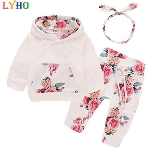 LYHO Baby Girls Clothes Sweatshirts Pants Sets 2021 Spring New Girls Outfits for Kids Rose Toddler Top Print Flower 3 Piece