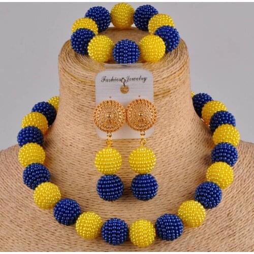Royal blue and yellow costume necklace african beads jewelry set nigerian wedding set FZZ97-05