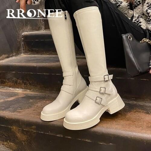 Leather lean leg boots women slim 2021 new knight boots Boots niche belt buckle thick heel thick bottom side zipper elastic boot