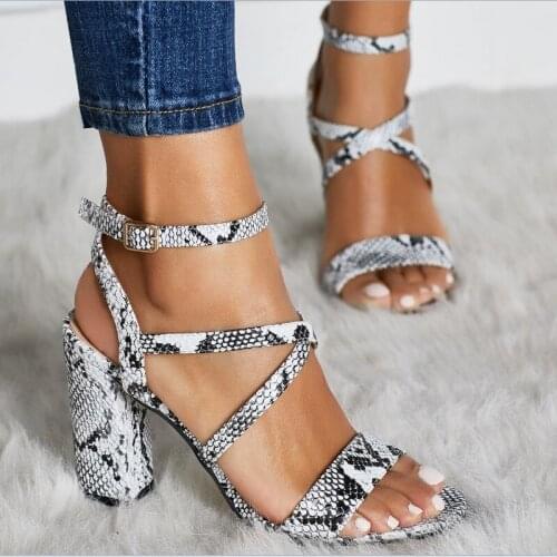 Summer Women Ankle Strap Sandals Snake PU Buckle Strap Square heel 10CM High Heels Sandals Women Shoes Sexy Pumps