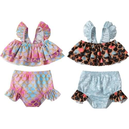 Summer Kids Girl Fish Scale Tops+Shorts Outfits Swimwear Beach Bathing Suit